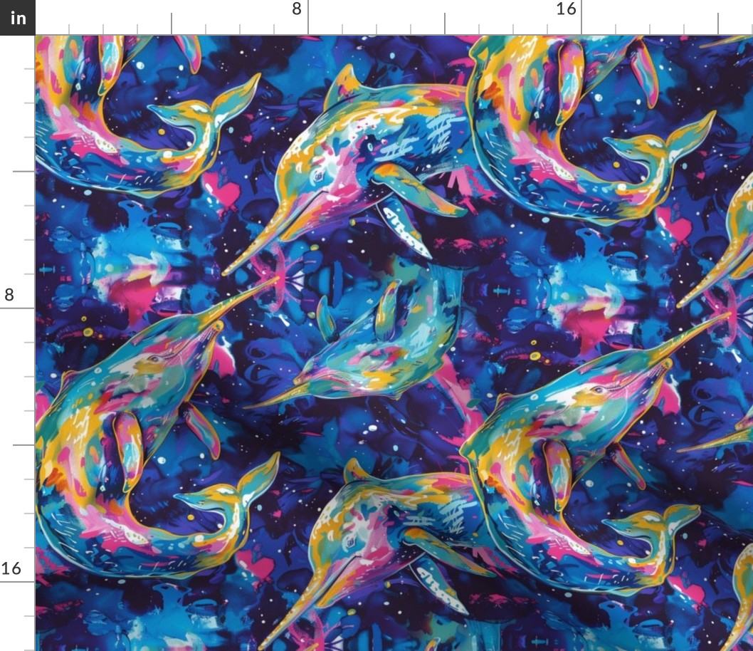 watercolor neon narwhals in nautical space under the sea