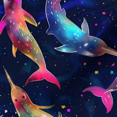 neon watercolor narwhal space whales