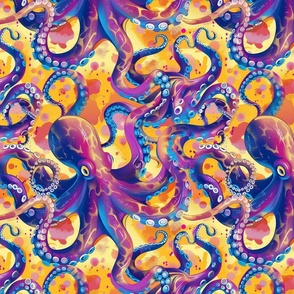 purple blue and gold orange watercolor octopus splatter art