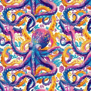 purple blue and orange gold octopus watercolor tentacles under the sea