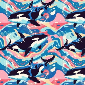 pink blue orca watercolor splatter art