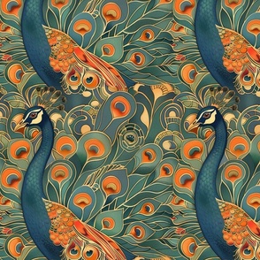 art nouveau peacock in orange red and teal blue