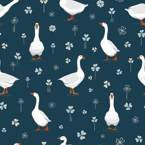 White geese on blue