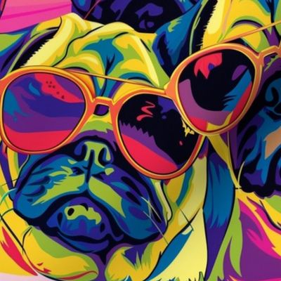 Sunglass wearing pugs mean mugging on a tropic day