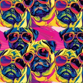 Sunglass wearing pugs mean mugging on a tropic day