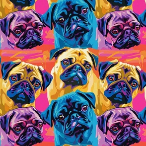 pug krewe in bright pop art colors of purple blue and gold