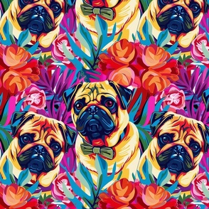 floral pop art pugs in bow ties in blue purple and red gold