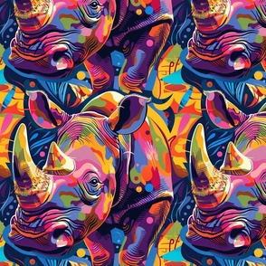 pop art rainbow rhinocerous in tropic orange pink and red blue