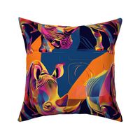 pop art geometric rhino in orange pink and blue gold