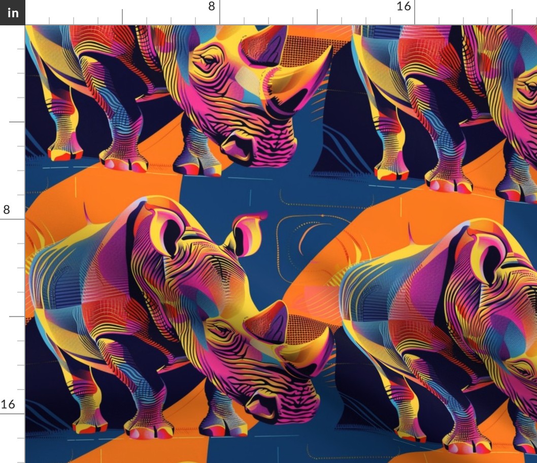 pop art geometric rhino in orange pink and blue gold