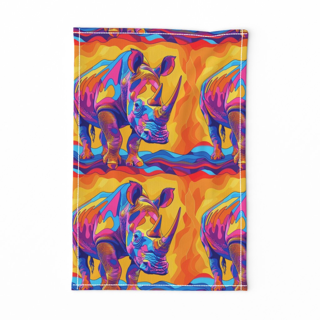 fire hot pop art rhinoceros in orange gold and pink blue
