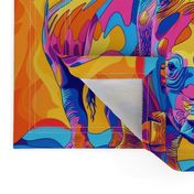 fire hot pop art rhinoceros in orange gold and pink blue