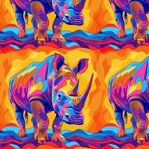 fire hot pop art rhinoceros in orange gold and pink blue