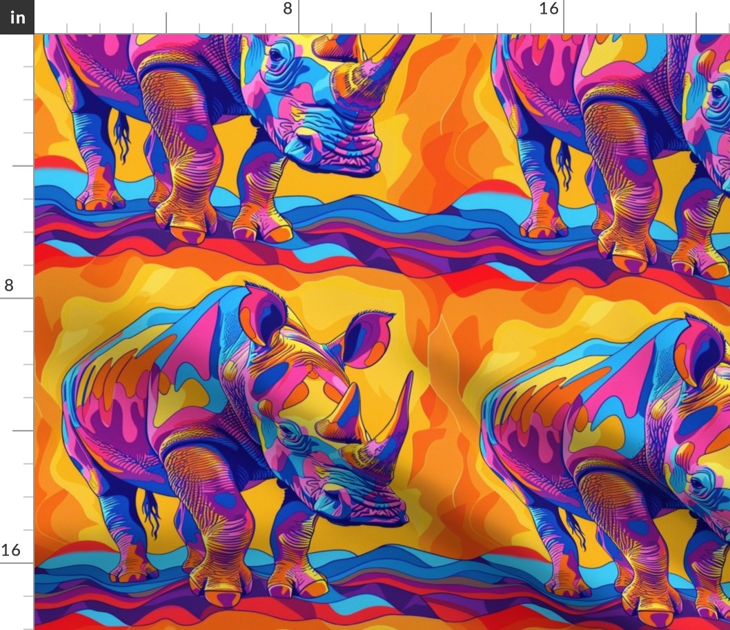 fire hot pop art rhinoceros in orange gold and pink blue