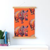 sizzling tropic pop art rhino in orange gold and red