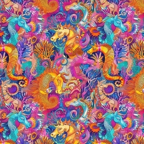 tropic pop art sea horses in magenta orange and blue gold