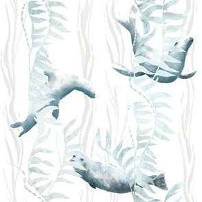 Watercolor Seals in Blue, Grey and Turquoise - La Jolla Cove Seals - Large Print