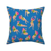 Bathing beauties - hot pink and green on bright blue, medium scale