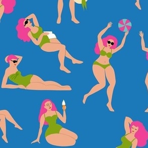 Bathing beauties - hot pink and green on bright blue, medium scale