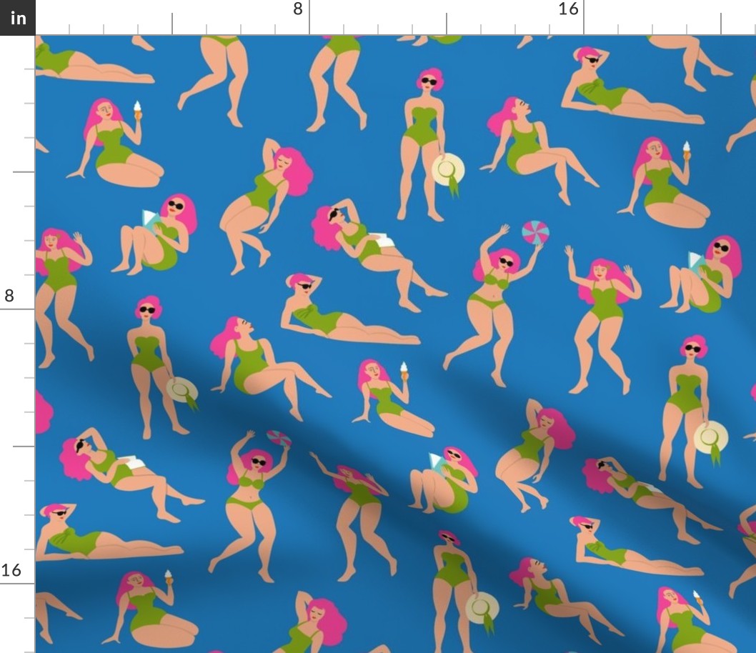 Bathing beauties - hot pink and green on bright blue, medium scale