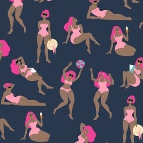 Bathing beauties - hot pink and mocha on navy, small scale