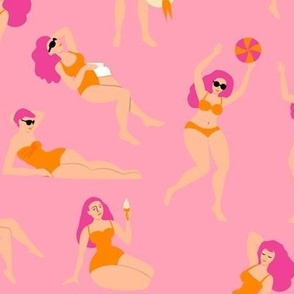 Bathing beauties - hot pink and orange on pink, medium scale