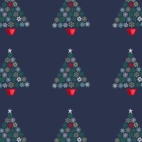 Snowflake Christmas Trees in Red Pot on Deep Navy Background
