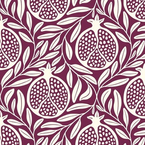 Block Print Pomegranates with Leaves - Berry and Cream - Extra Large (XL) Scale - Traditional Botanical with a Modern Flair