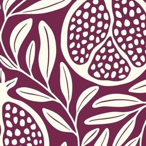 Block Print Pomegranates with Leaves - Berry and Cream - Extra Large (XL) Scale - Traditional Botanical with a Modern Flair