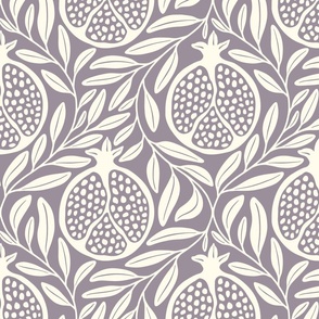 Block Print Pomegranates with Leaves - Dusty Lilac and Cream - Extra Large (XL) Scale - Traditional Botanical with a Modern Flair