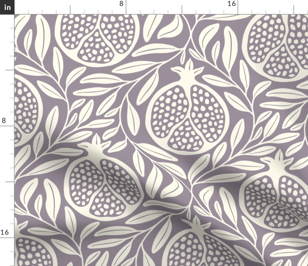 Block Print Pomegranates with Leaves - Dusty Lilac and Cream - Extra Large (XL) Scale - Traditional Botanical with a Modern Flair