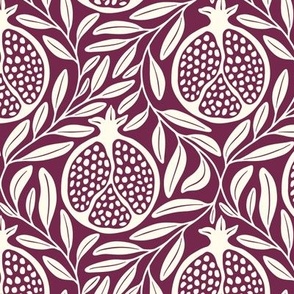Block Print Pomegranates with Leaves - Berry and Cream - Medium Scale - Traditional Botanical with a Modern Flair