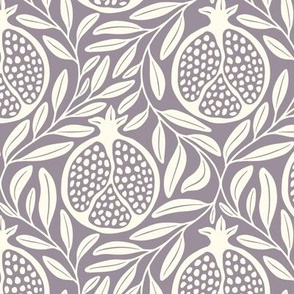 Block Print Pomegranates with Leaves - Dusty Lilac and Cream - Medium Scale - Traditional Botanical with a Modern Flair