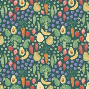 Playful produce| Cute fruits and vegetables| Kids clothing| Kitchen| Dark blue| medium scale