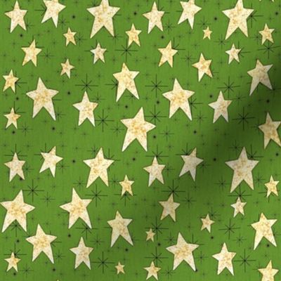 Cozy Stars and Starbursts, Pale Yellow on Green Verde