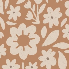 DELLA (lg) cute daisies and Leaves in muted rust terracotta and linen off-white