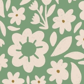 DELLA (lg) cute daisies and Leaves in muted jade green and linen off-white