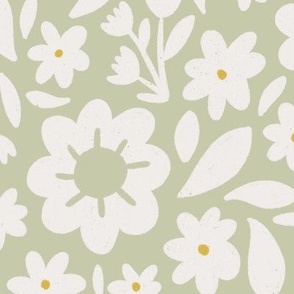 DELLA (lg) cute daisies and Leaves in soft pastel sage green and linen off-white