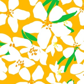 Orange Blossoms Big Tropical Tangerine, White, Lemon Yellow, Pastel Pink And Turquoise Flower Blooms With Bright Lemon Yellow Retro Modern Botanical Fruit Tree Grandmillennial Floral Pattern