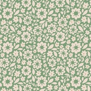 DELLA (sm) cute daisies and Leaves in muted jade green and linen off-white