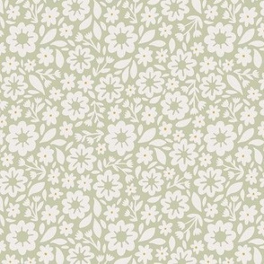 DELLA (sm) cute daisies and Leaves in soft pastel sage green and linen off-white