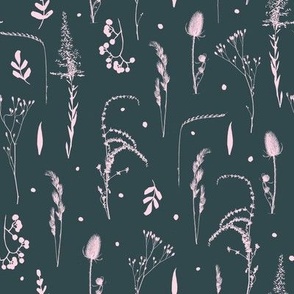 Prairie Plants Pink on Dark Green