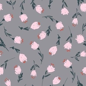 Tiny Tulips Hand Drawn Pink on Grey