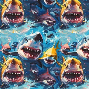 great white shark smiles in blue orange pop art sea