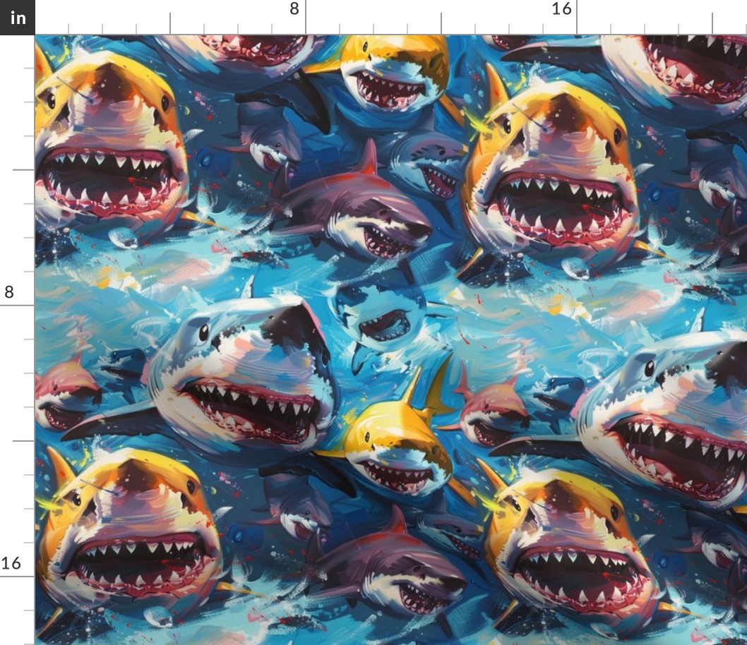 great white shark smiles in blue orange pop art sea