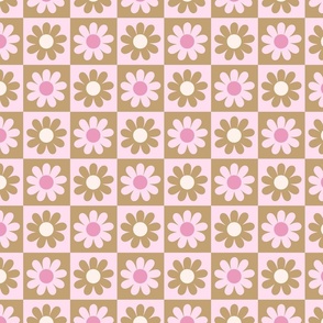 Checkered board with flowers - pink,  beige, off white