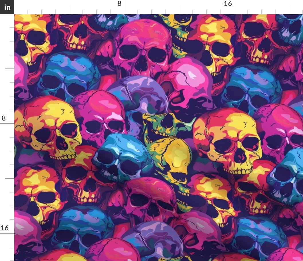 pop art gothic skulls in pink purple and blue gold