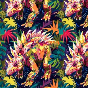 Neon pop art Stegosaurus in the primeval dinosaur jungle