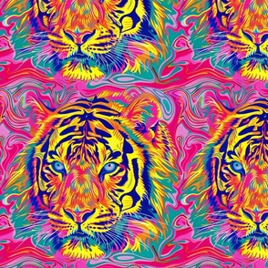 neon tiger in yellow pink and orange red
