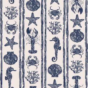 Brush Strokes Stripes and Sea Life Including Lobster, Crab, Starfish, Seahorse, Coral and Seashell, Navy Blue